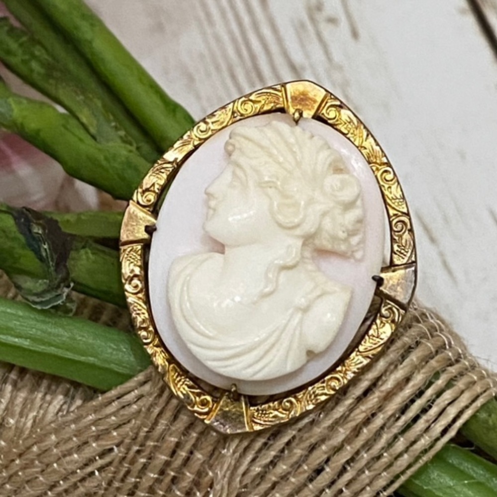 Vintage R&F Signed Cameo Pink Shell Art Noveau Victorian Brooch